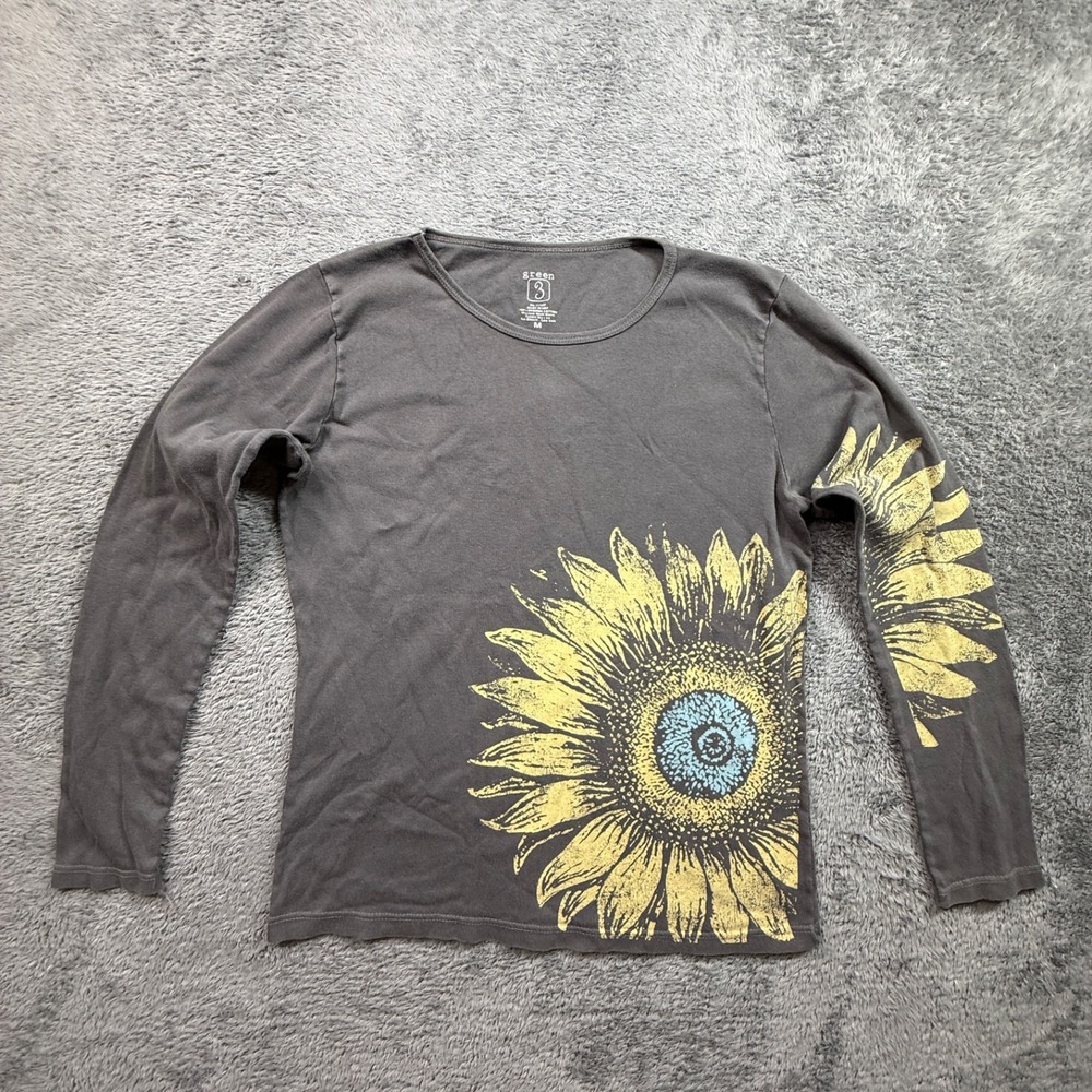 Green 3 Boho Sunflower Top Long Sleeve Shirt Womens M Organic Cotton USA Gray